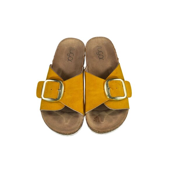 Yellow Suede Buckle Slide Sandals With Cork Sole - Picture 2 of 7